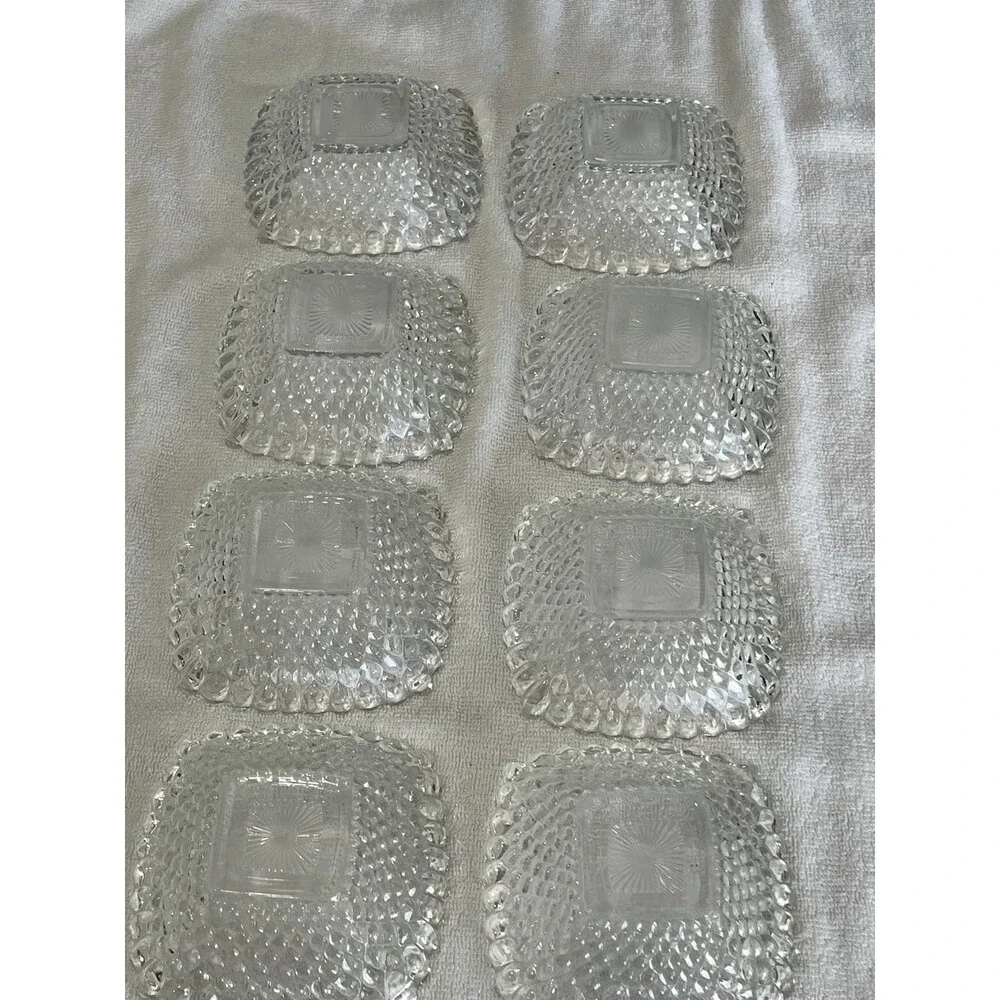 Vtg MCM Hobnail Pressed Glass Clear Dessert Nut Dishes Bowls Set Of 8 Classic‎